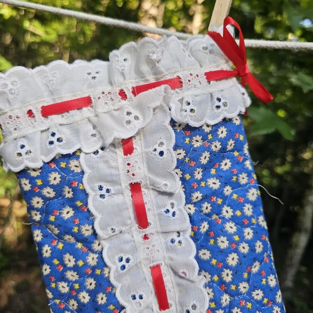 Vintage Quilted Blue Floral Christmas Stocking with Lace & Ribbon Accents